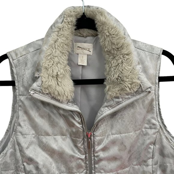 Chicos Women’s Full Zip Gray Vest Size 1 (Medium) Zip Pockets Faux Fur Collar - Picture 2 of 4
